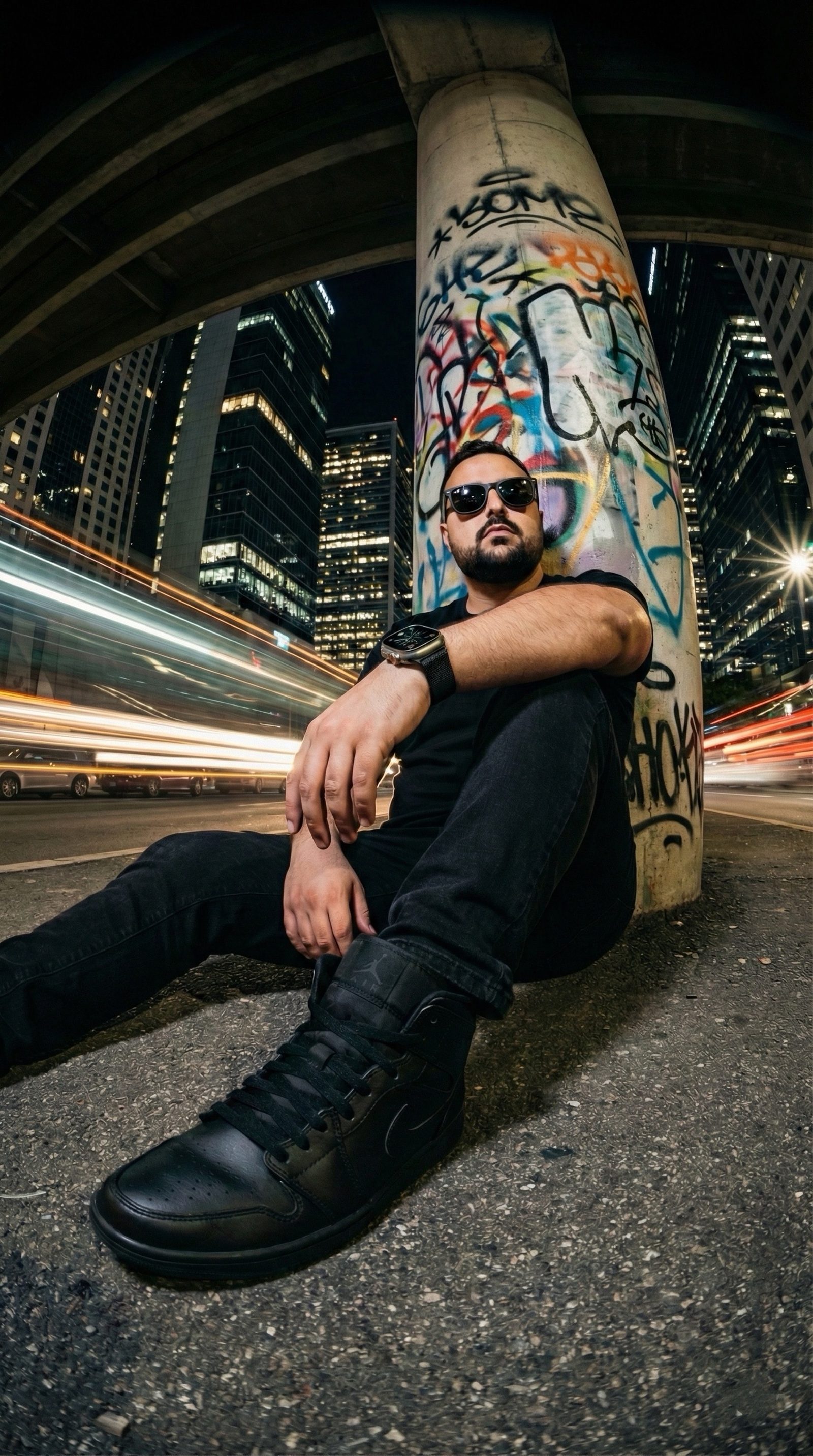 Adilian sitting against a graffiti-covered pillar under a city overpass at night, light trails streaking past